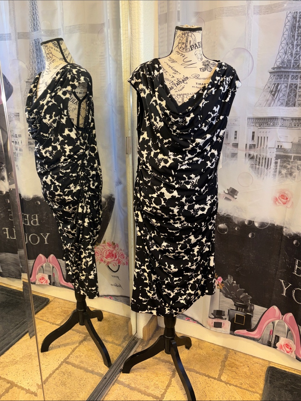 NWT Coldwater Creek Black & White Cowl Neck Ruched Midi Dress